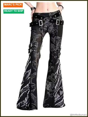 Women Y2K Punk Dragon Print Flare Jeans Low Rise Pull On with PU Belt